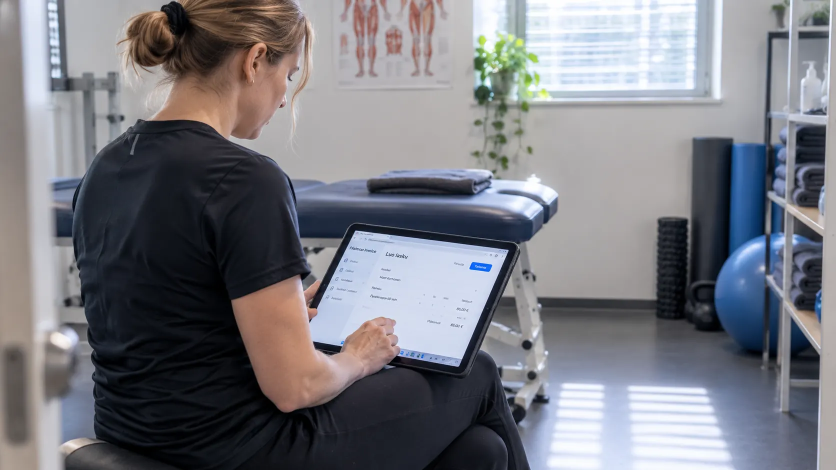 Fysioterapeutti tekee laskun tabletilla hoitohuoneessaan Haimoo Invoicen Luo lasku -näkymässä.